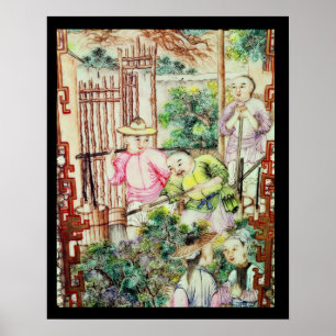 Detail of a vase with men watering tea plants poster