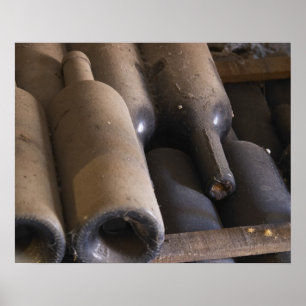 Detail of dusty bottles sur lattes on wooden poster