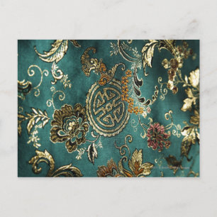 Detail of jade green Chinese silk fabric Postcard