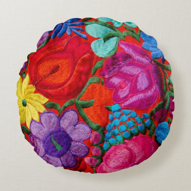 Detail of traditional embroidery floral textile round cushion (Front)