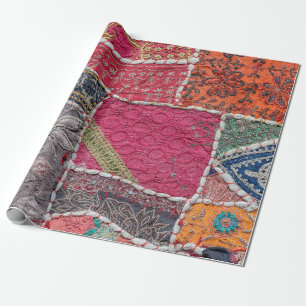 Detail old colorful patchwork carpet, India. Close Wrapping Paper