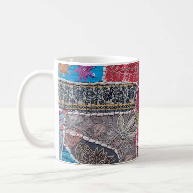 Detail old colourful patchwork carpet, India. Clos Coffee Mug (Left)