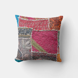 Detail old colourful patchwork carpet, India. Clos Cushion