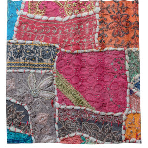 Detail old colourful patchwork carpet, India. Clos Shower Curtain