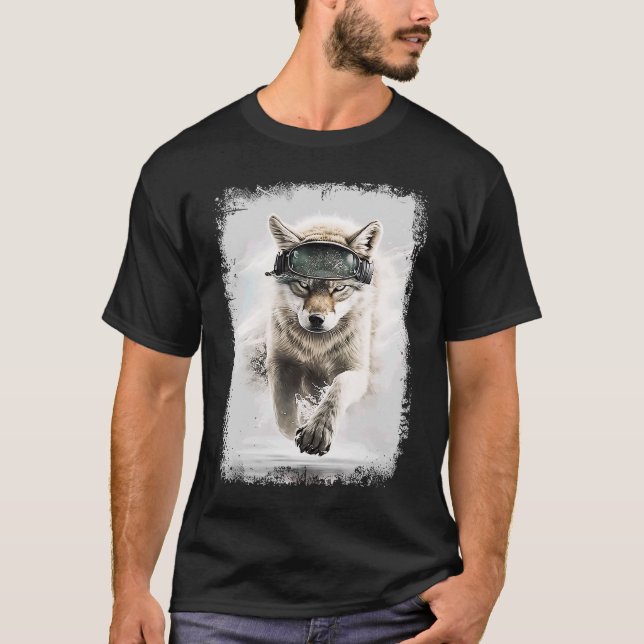 Detailed Animal Wolf with Ski Goggles T-Shirt (Front)