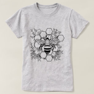 Detailed Bee with Honeycomb and Flowers T-Shirt