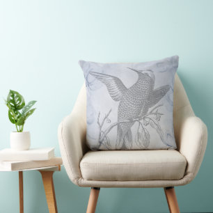 Detailed Bird Line Drawing Art Pastel Blue Cushion