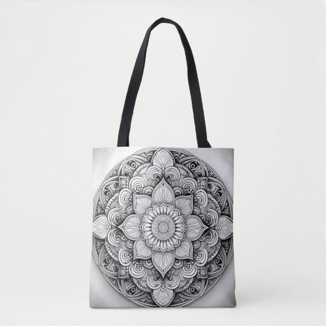Detailed Black and White Mandala Art Tote Bag (Front)
