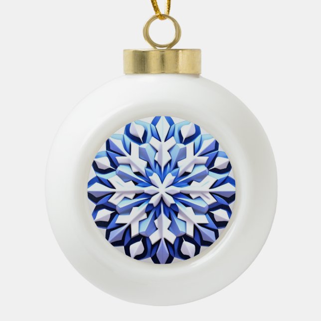 Detailed Blue Snowflake Ceramic Ball Christmas Ornament (Front)