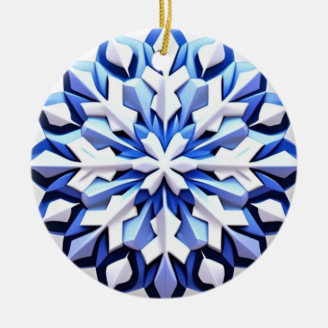 Detailed Blue Snowflake Ceramic Ornament (Front)