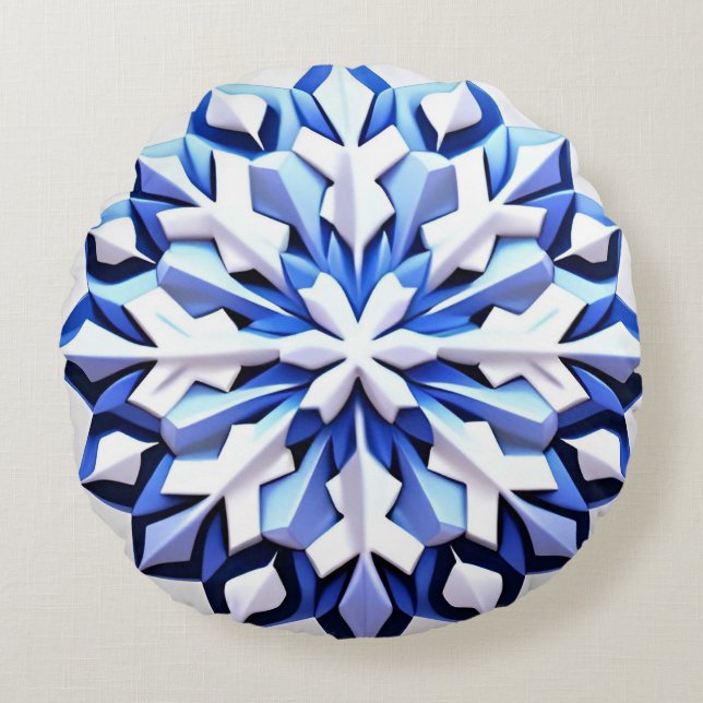 Detailed Blue Snowflake Round Cushion (Front)
