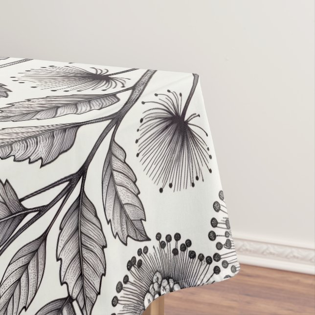 Detailed botanical linework enhanced by stippling  tablecloth (In Situ)