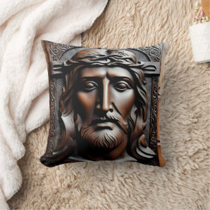 Detailed Carving of Jesus on a Stone Background Cushion