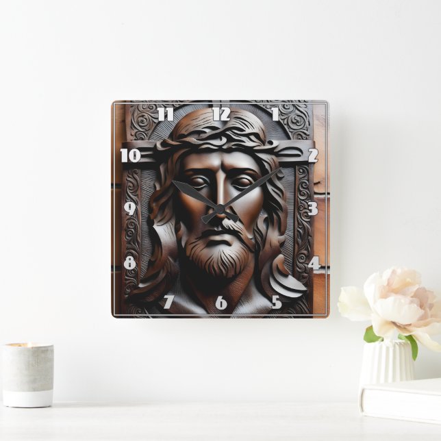 Detailed Carving of Jesus on a Stone Background Square Wall Clock (Home)