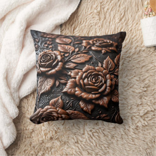 Detailed Copper Rose Art on Dark Canvas Cushion