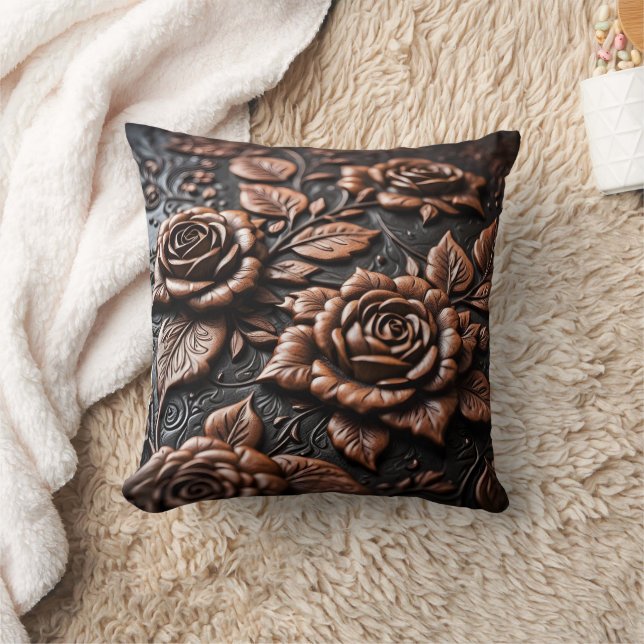 Detailed Copper Rose Art on Dark Canvas Cushion (Blanket)