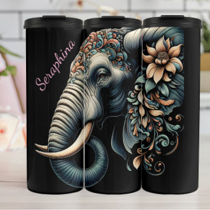 Detailed Elephant Profile: Floral Accents Thermal Tumbler