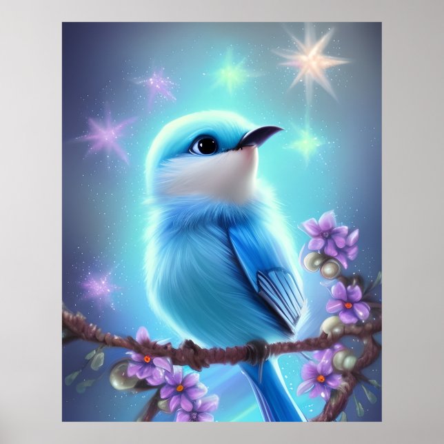Detailed Fantasy Cute Kawaii baby blue bird Poster (Front)