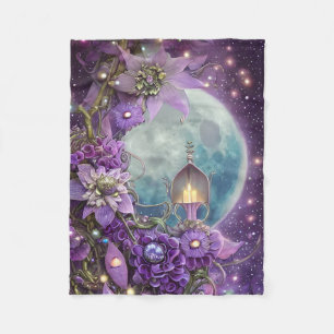 Detailed Fantasy Purple Moon Flower Fleece Blanket