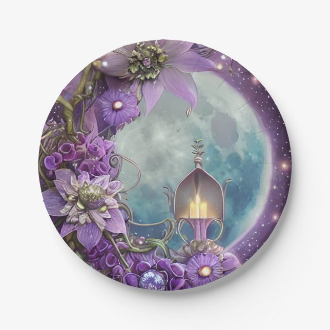 Detailed Fantasy Purple Moon Flower  Paper Plate (Front)