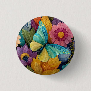 Detailed Floral and Butterfly Illustration 3 Cm Round Badge