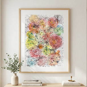 Detailed Floral Doodle Artwork on Watercolor Ombre Poster