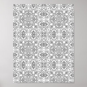 Detailed Floral Mandala Tile Pattern Colouring Pag Poster