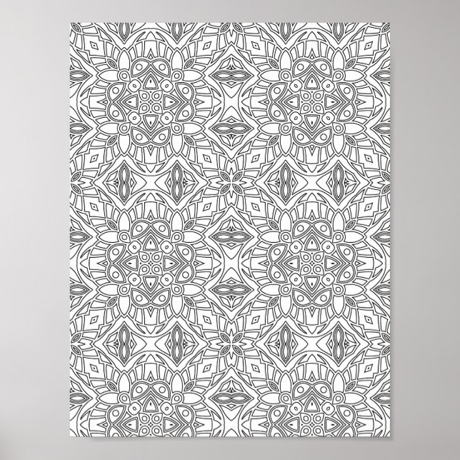 Detailed Floral Mandala Tile Pattern Colouring Pag Poster (Front)