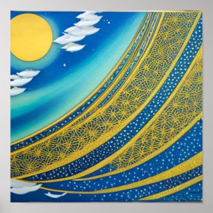 Detailed Gold and Blue Waves Poster