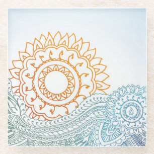 Detailed henna abstract sunrise glass coaster