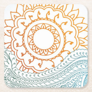 Detailed henna abstract sunrise square paper coaster