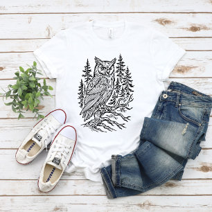 Detailed Horned Owl in Pine Forest Line Art T-Shirt