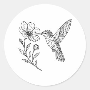 Detailed Hummingbird Line Art with Wildflower Classic Round Sticker