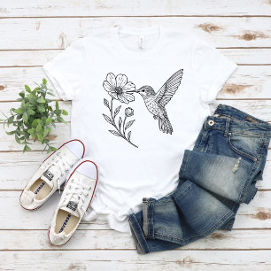 Detailed Hummingbird Line Art with Wildflower T-Shirt