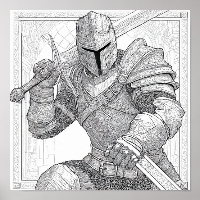 Detailed Knight in Full Armour - Colouring Page Poster (Front)