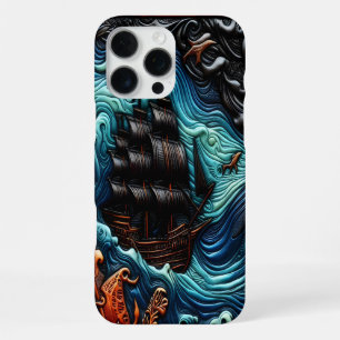 Detailed Leather Art Depicting a Ship at Sea iPhone 16 Pro Max Case