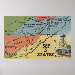 Detailed Map of 5 States - Big Walker Lookout, V Poster
