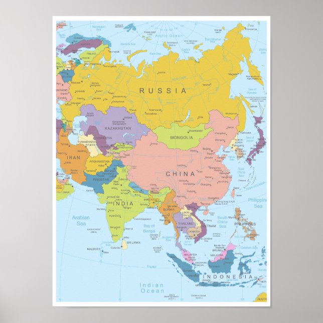 Detailed Map of Asia Continent Poster (Front)