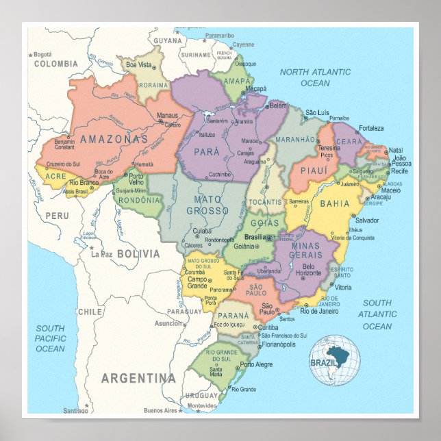 Detailed Map of Brazil Poster (Front)