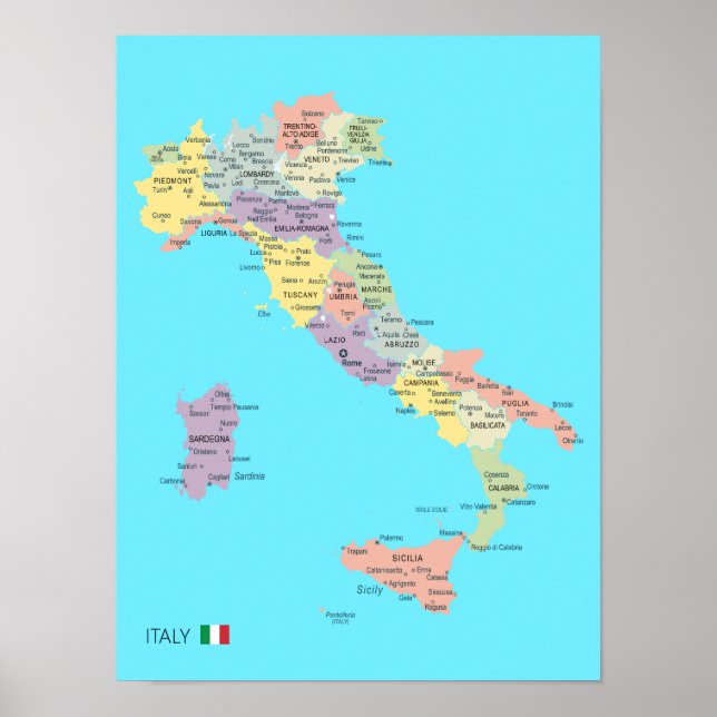Detailed Map of Italy Regions Poster (Front)