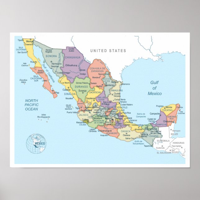 Detailed map of Mexico Poster (Front)