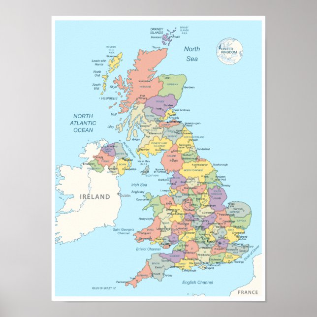 Detailed Map of United Kingdom Poster (Front)