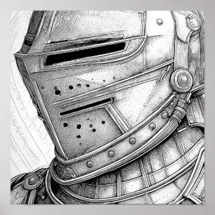 Detailed Mediaeval Knight Helmet Colouring Page Poster