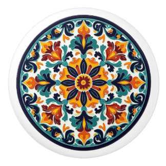 Detailed Mexican Talavera Floral Ceramic Knob
