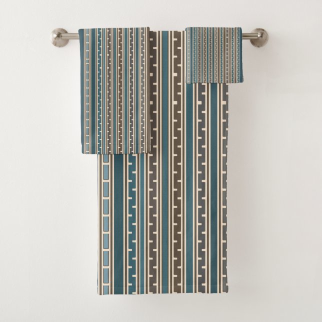 Detailed Multi Teal Tan Stripes Bath Towel Set (Insitu)