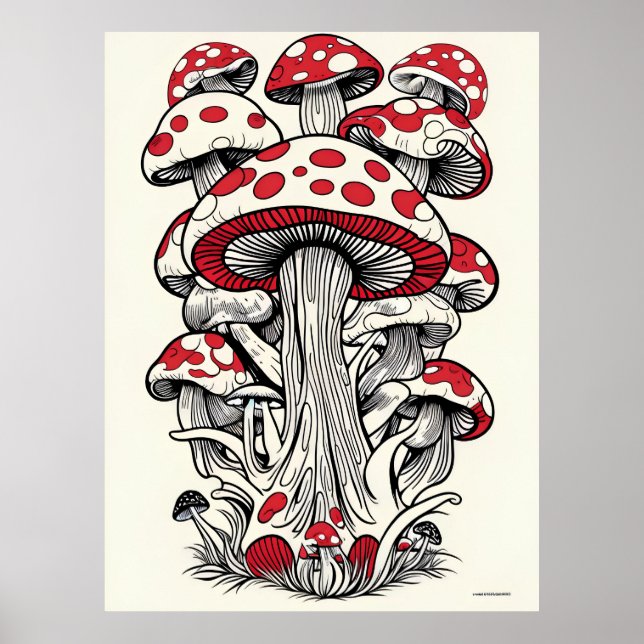 Detailed Mushroom Vector Graphic Dripping Trippy Poster (Front)