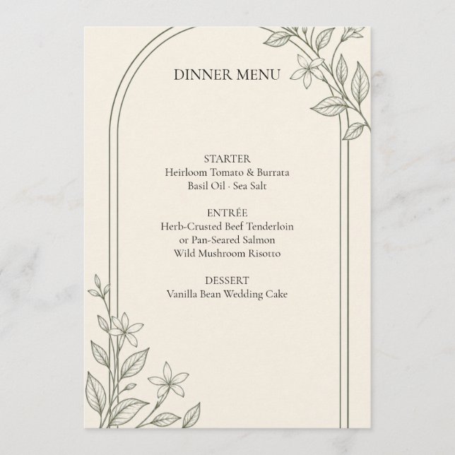 Detailed Olive Botanical Wedding Dinner Menu (Front)