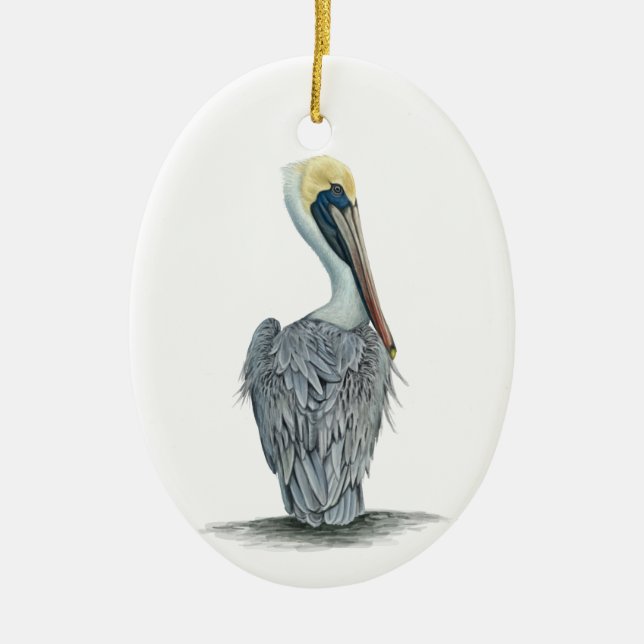 Detailed Painted Brown Pelican Ceramic Ornament (Front)