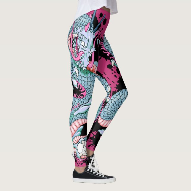 Detailed Peach and Pink Tattoo Dragon Leggings (Right)