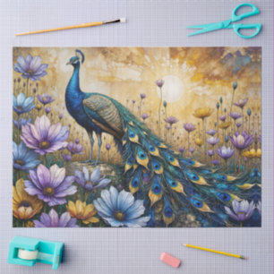 Detailed Peacock in Floral Landscape Tissue Paper